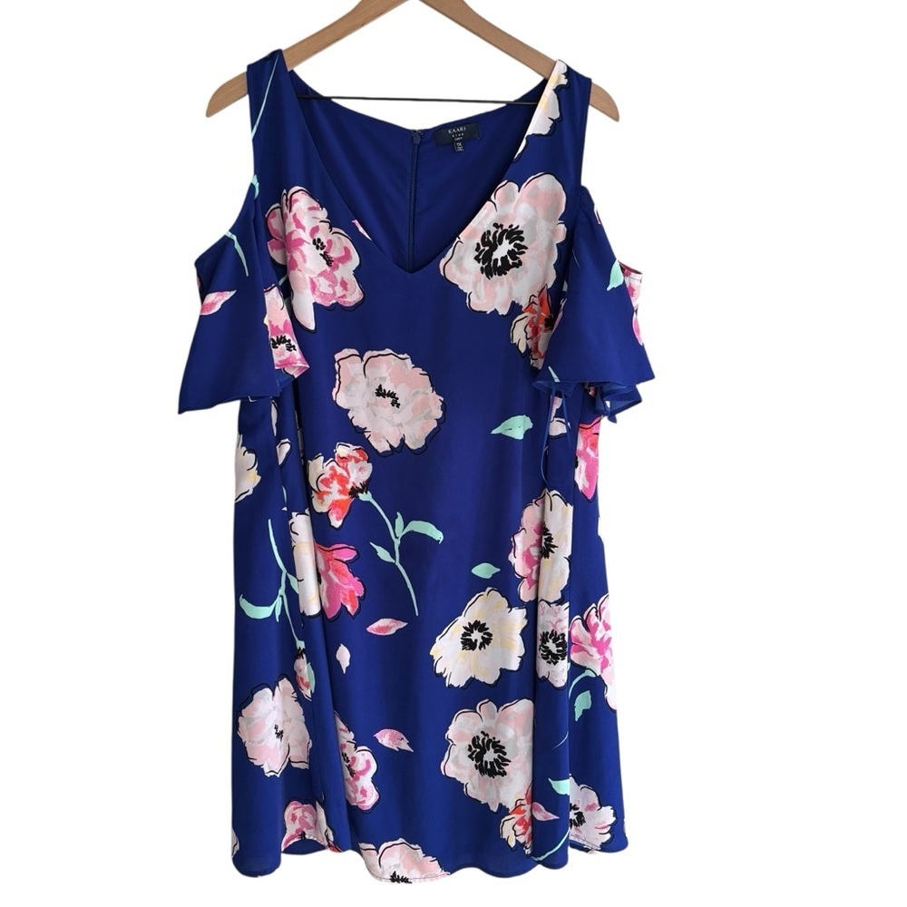 Kaari Blue Curvy Cold Shoulder Floral Sundress Size 1X Wedding Guest Resortwear